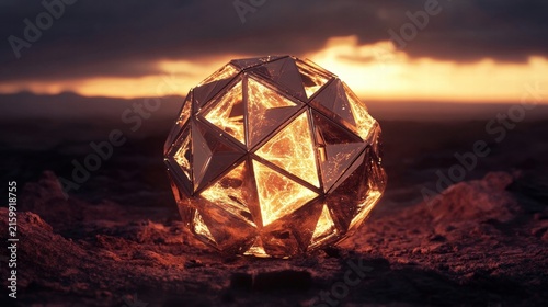 Illuminated geodesic sphere at sunset.