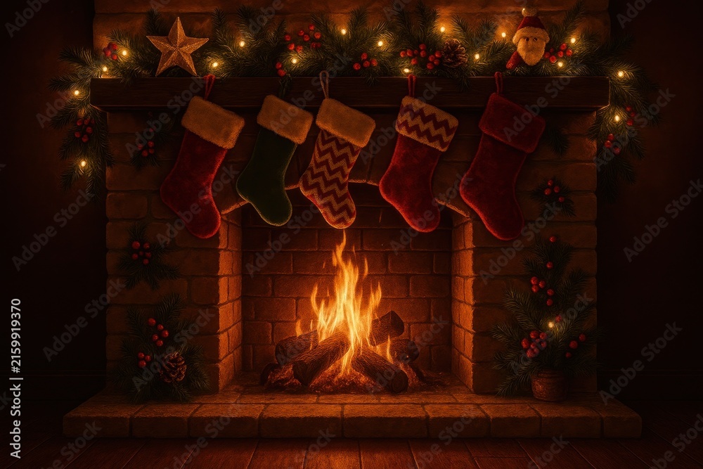 Fototapeta premium Cozy festive fireplace with stockings.