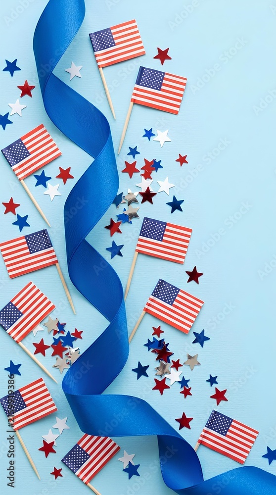 Obraz premium Small national flags and blue ribbon with star confetti on light blue