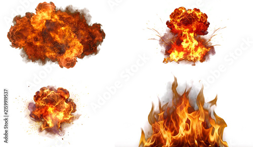 Collection of realistic explosion and fire elements isolated on transparent background featuring blasts, flames, smoke and sparks, ideal for games, visual effects, compositing and animation.