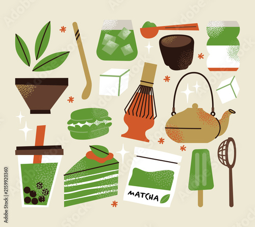 Matcha Tea Set with Bowl, Whisk, Teapot, Boba Drink, Cake, Macaron and Ice Pop, Japanese Green Tea Ceremony Vector Illustration Collection