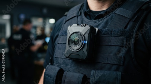 Police officer wearing body camera on tactical vest in station