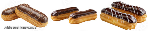 Foto Assortment of chocolate eclairs with white and brown icing, isolated on transpar