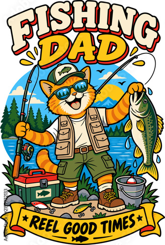 Fishing Dad Cat T-Shirt Design with Funny Cartoon Angler Holding Fish and Fishing Gear