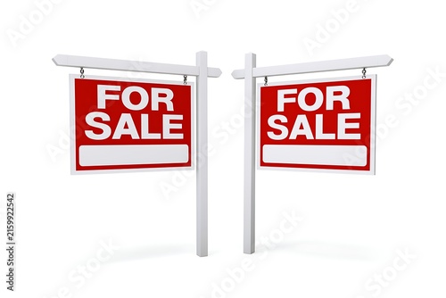 Two real estate for sale signs isolated on white background