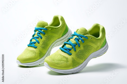 Pair of lime green running shoes with blue laces isolated on white background