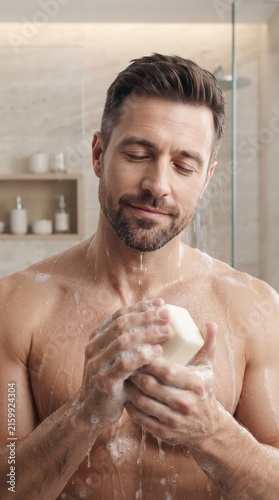 Handsome Man Enjoying Refreshing Shower with Soap Bar in Bathroom
