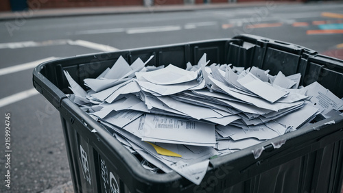 Overflowing Black Plastic Bin Filled with Discarded Waste Paper on Urban Street