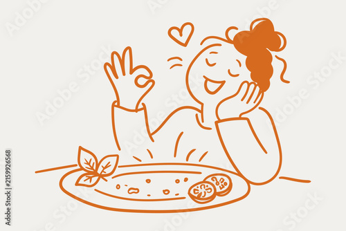 Hand drawn happy girl eating delicious meal vector illustration