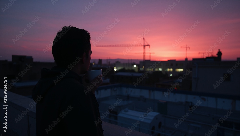 Fototapeta premium Holding mug, hooded man gazing toward sunset on rooftop parapet with cranes and vents, copy space