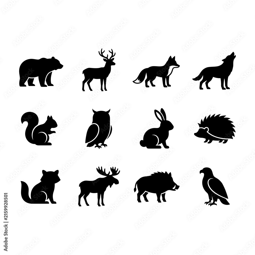 Obraz premium Set of wild animals silhouette icons featuring bear deer wolf and owl, wildlife