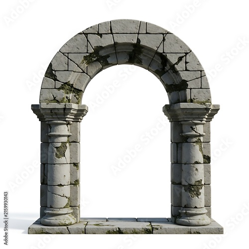 Ancient stone archway with columns on a white background