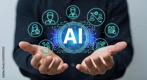 Digital Artificial Intelligence Technology Network Concept Featuring Abstract Futuristic Icons Held by a Business Professional