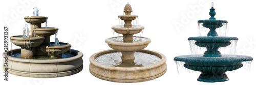 Quadro su tela Three tiered water fountains with water flowing, isolated on white background