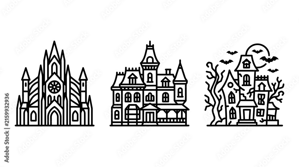 Obraz premium Detailed outline icons of spooky architecture showcasing a grand cathedral church a victorian mansion a haunted house with bats architecture cathedral detailed victorian building halloween