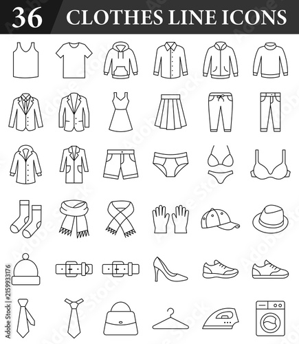 Set of 36 black outline vector icons depicting fashion apparel, shoes, hats, and laundry equipment on a white background
