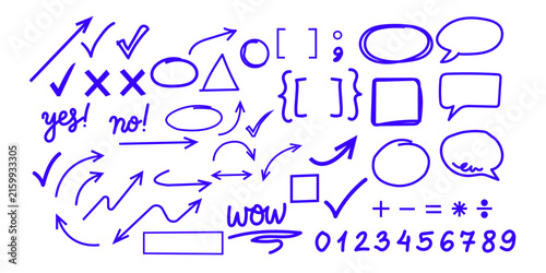 Hand drawn blue doodle set displaying arrows check marks and speech bubbles