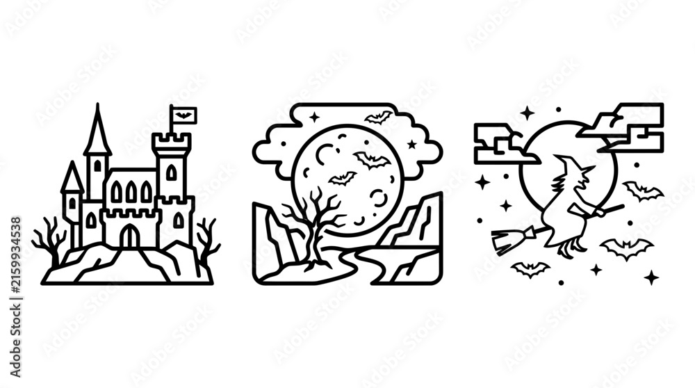 Obraz premium Halloween linear icon set of medieval castle full moon landscape and witch flying on broomstick with halloween landscape broomstick collection minimalist decoration monochrome isolated