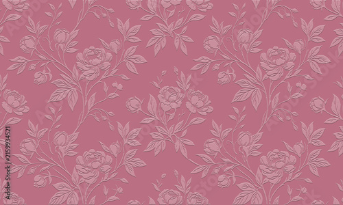 Elegant mauve pink floral pattern background featuring embossed rose blossoms and leaves for luxury textile wallpaper and wedding backdrop