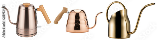 Foto Three gooseneck kettles, one rose gold electric, one copper, and one gold wateri