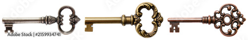 Фотография Collection of four antique keys with ornate handles, isolated on a white backgro