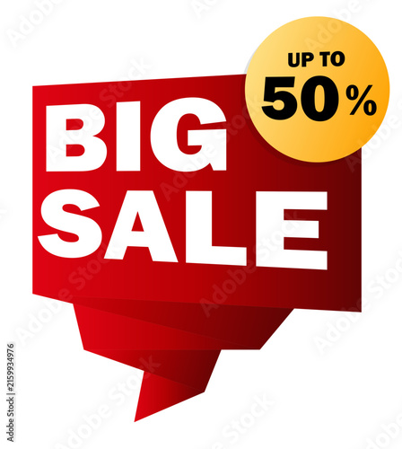 3D red folded ribbon Big Sale banner template with up to 50 percent off badge badge layout for retail shopping promo discount offer design