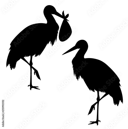 elegant standing stork bird holding bundle with a child in its beak - black and white vector pregnancy announcement silhouette design