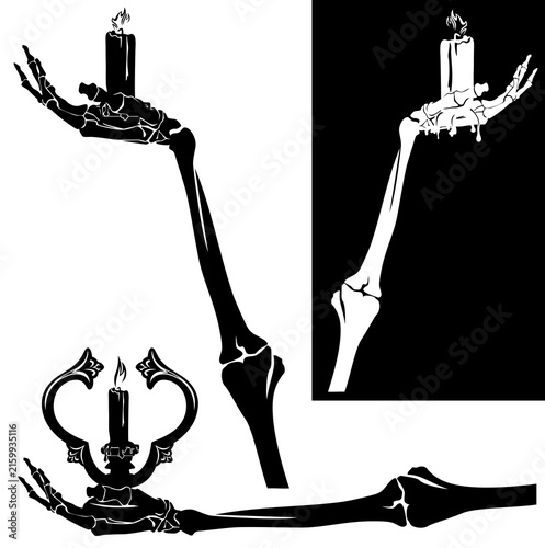 human skeleton raised hand holding burning wax candle - halloween mysterious gothic theme concept black and white vector silhouette design set
