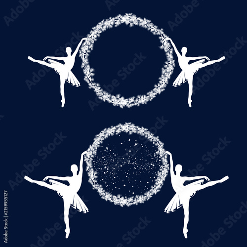 two elegant ballerina dancers standing en pointe holding seasonal frame made of pine tree branches with falling snow - white vector silhouette set for winter season ballet performance design
