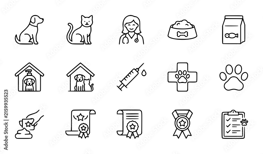 Fototapeta premium Veterinary Pet Care Dog Cat Food Grooming and Animal Health Line Icons