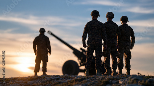 Plakat w ramie Medium photographic stock visual from behind, showing silhouetted soldiers standing shoulder to shoulder next to a heavy artillery cannon. Positioned on a rocky ridge against a dra
