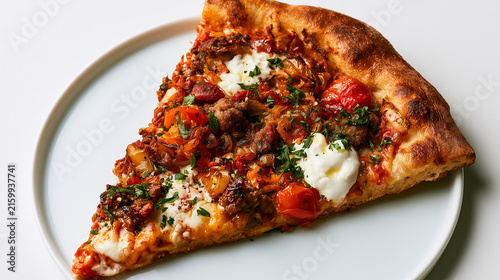 Delicious slice of gourmet pizza with meat toppings.