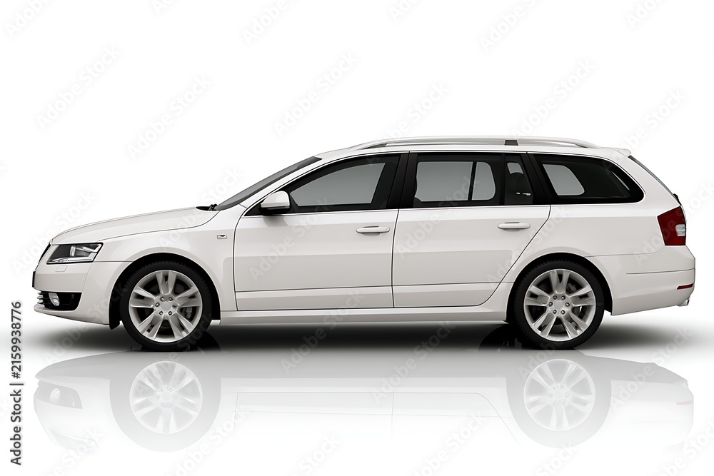 Naklejka premium Side view of a white station wagon car isolated on white background