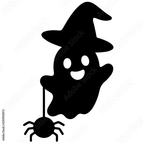 Cute Halloween Witch Ghost with Spider Silhouette Vector Illustration