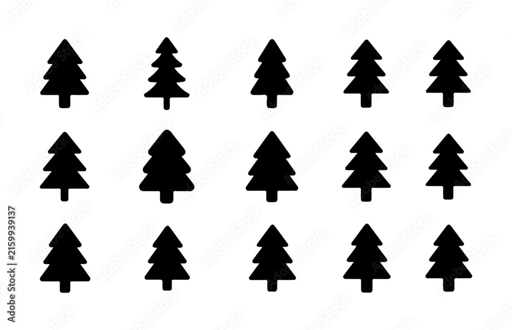 Obraz premium Minimalist spruce tree icon collection featuring diverse pine silhouettes for forest maps.