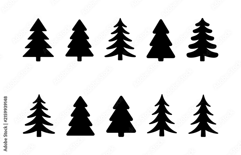 Obraz premium Diverse forest tree silhouettes collection featuring sharp and rounded evergreen fir shapes.