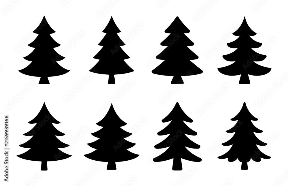 Obraz premium Large collection of evergreen pine tree silhouettes for forest and mountain landscape art.