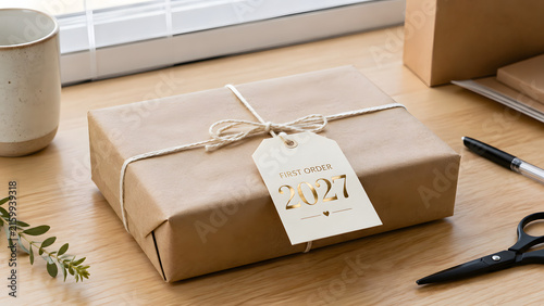 Minimal New Year 2027 Gift Box Wrapped in Kraft Paper with Tag