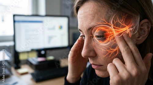 Glowing red anatomical overlay showing optic nerve, ocular blood vessels, and facial nerves on a woman touching her temple due to computer eye strain.
