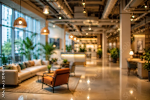 wide-angle blurred perspective of a luxury boutique hotel lobby, mid-century modern furniture, industrial loft ceiling, indoor greenery, warm ambient lighting, reflective marble floors.