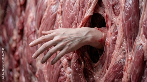 Human hand emerging from biological tissue concept with muscular fibers representing medical research and anatomical structure, for scientific study and clinical analysis