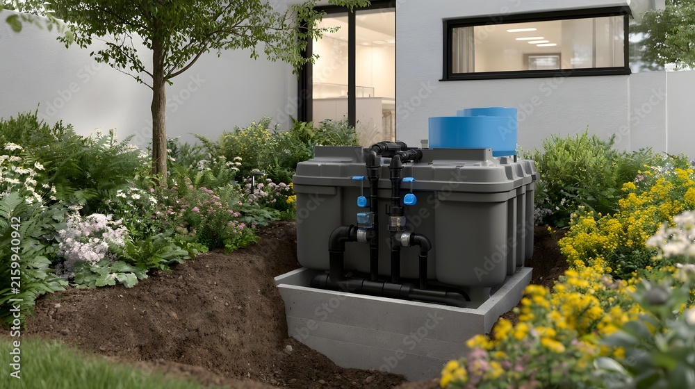 Obraz premium Modern gray rainwater storage tank installed outdoors surrounded by lush greenery and flowering plants near a contemporary house