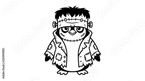 Adorable cartoon penguin character in a classic monster costume with stitches and bolts, black and white line art illustration for Halloween