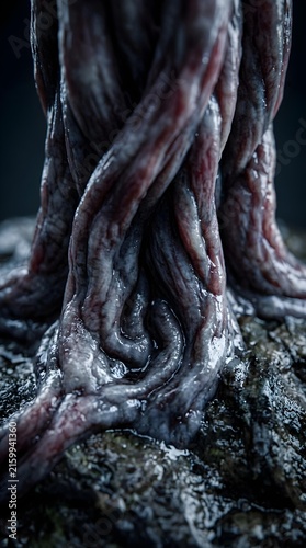 Biological tissue structure concept with twisted muscle fibers representing medical research and anatomical complexity, for scientific study and clinical analysis