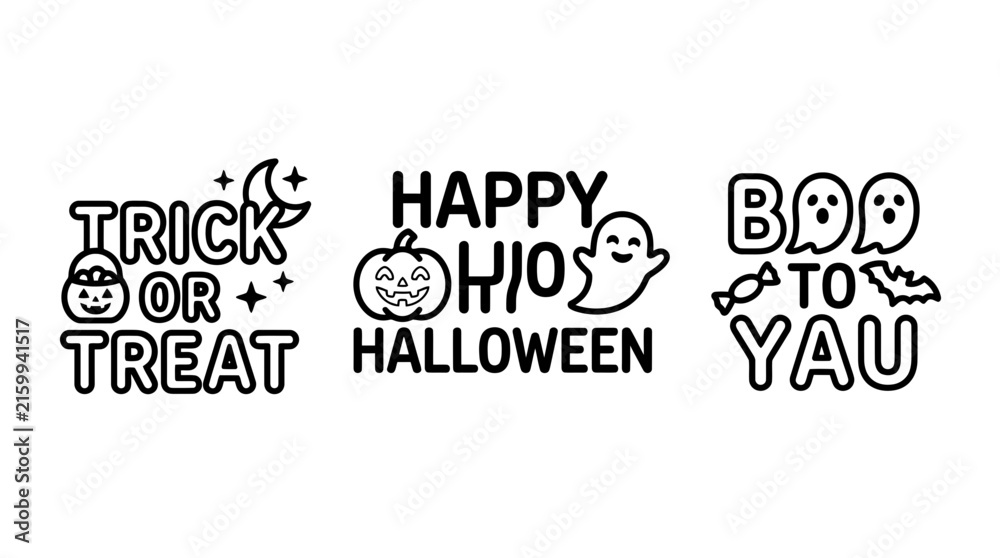 Obraz premium Halloween trick or treat happy boo to you typography phrase outline badge collection with halloween typography collection lettering celebration illustration seasonal traditional