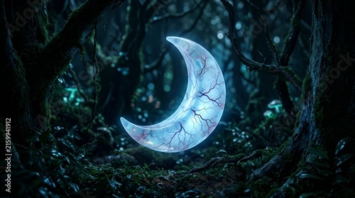 Surreal biological crescent moon concept with intricate red vascular network and glowing texture floating in dark enchanted forest, for dark fantasy art and macabre design