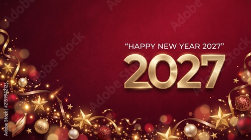 Happy New Year 2027 gold text on festive red background with Christmas ornaments and stars