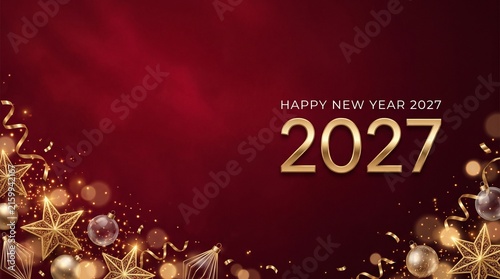 Happy New Year 2027 greeting card background with gold ornaments and red festive bokeh.