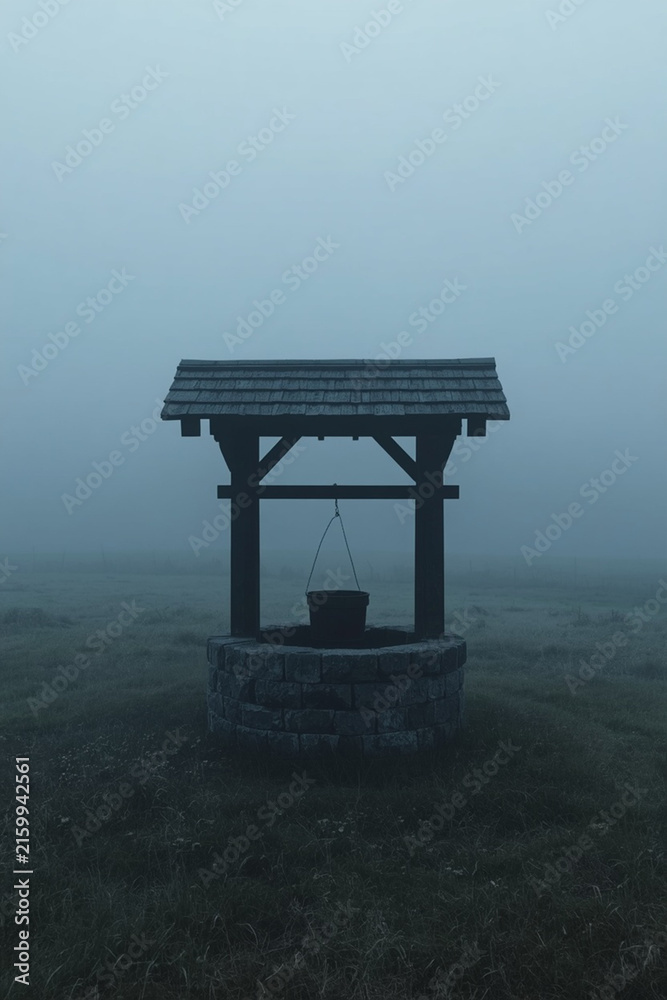 Fototapeta premium Old water well in a misty meadow at dusk — part of a folk horror and dark poetry series 