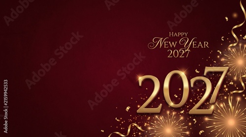 Happy New Year 2027 greeting card with gold fireworks and confetti on dark red background